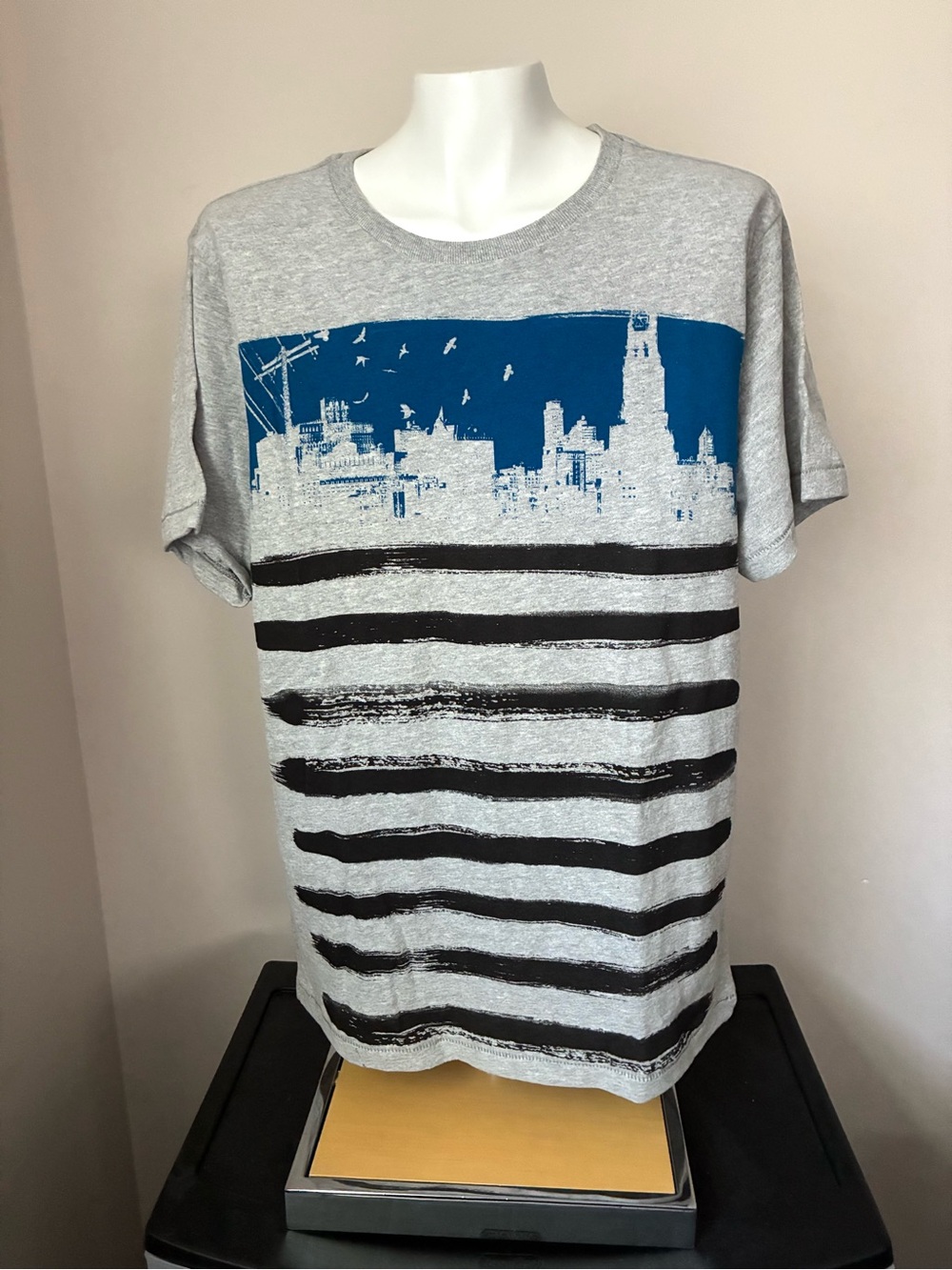 Aeropostale Men’s Free State Gray Tee with Blue Skyline and Black Stripes